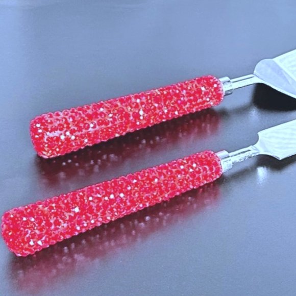 Cake Knife & Server Set, Silver with Red Crystal Handles, Wedding, Anniversary - Picture 2 of 2